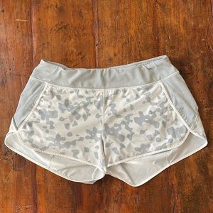 Athleta Running Free Gray and White Leopard Print Shorts